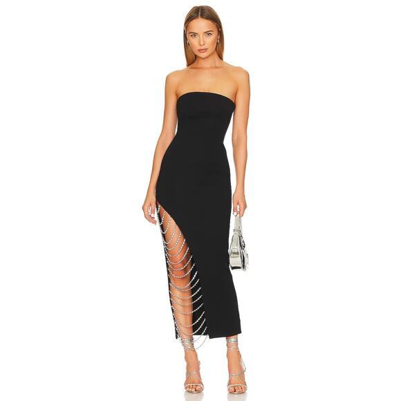 NBD Dresses & Skirts - NBD Women's Black Strapless Bodycon Midi Rhinestone Chain Dress Small